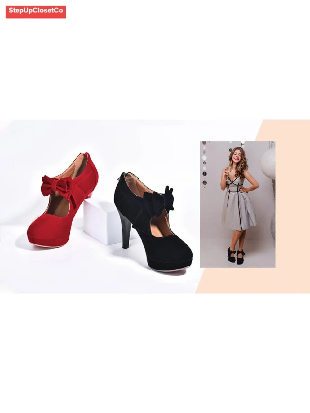 Vintage Bowtie Platform Pumps for Women - 4 Inch High Heels, Closed Toe, Back